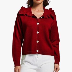 Chic Ruffled Burgundy Cardigan Sweater